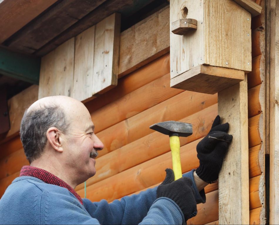 A bald man wearing gloves while hammering a nail into a wooden outside structure.